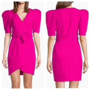 black halo maricopa belted faux wrap puffy sleeve mini dress